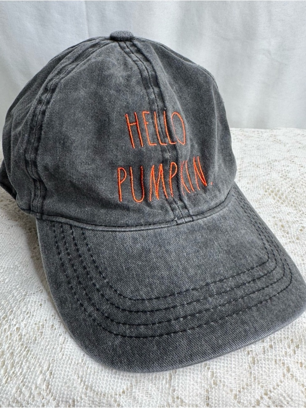 Rae Dunn Hello Pumpkin Gray Distressed Cap Adjustable Women Fall Hat